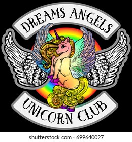Sticker pony unicorn with wings.Emblem of the children's bike club. Creative idea of design of children's products, Emblem badge, print, tattoo.Fairy-tale horse fulfilling dreams