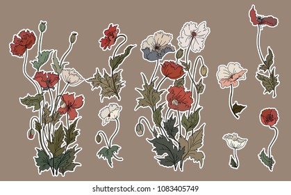 Sticker Poppy flower on brown background.Japanese art drawing  poppies flower style.Poppy flower for Veteran.