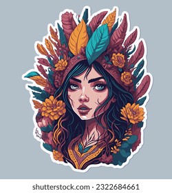 Sticker of a portrait of a girl surrounded with leaves and flowers. Vector illustration in boho style