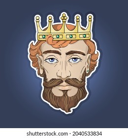 Sticker. Portrait of stylish hipster men. Vector illustration. With fashionable hairstyles, beards, moustaches and crown. The Modern King. 