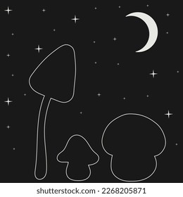 Sticker, postcard, icon with white one line mushrooms on dark background with moon and stars	