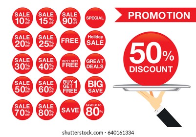 Sticker promotion set red color on silver dish. Vector graphic resources in catering concept. 
