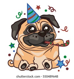 Sticker pug dog illustration on birthday