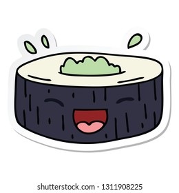 sticker of a quirky hand drawn cartoon happy sushi