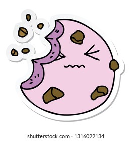 sticker of a quirky hand drawn cartoon munched cookie