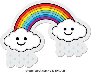 Sticker of Rainbow with  smile clouds , vector illustration