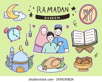 Sticker Ramadan Kareem Family Doodle Drawing Set Illustration