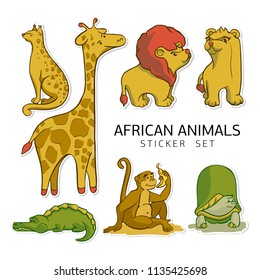Sticker ready African animals set.  Cheetah, giraffe, lion with lioness, monkey, turtle and crocodile.