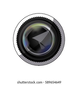 sticker realistic silhouette color with open shutter analog camera lens vector illustration