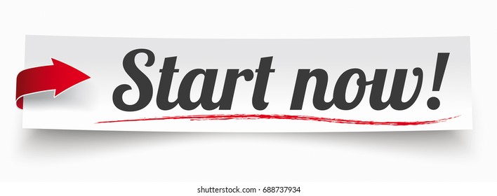 Sticker with red arrow and text "start now". Eps 10 vector file.
