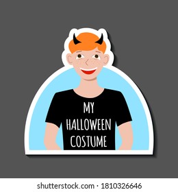 Sticker red haired boy in a T shirt with the words My Halloween costume and horns on his head. Carnival party. Avatar for social media. Stock vector hand drawn flat illustration isolated on white.