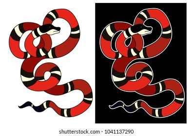 Sticker red snake vector.Lampropeltis triangulum vector.Sticker and hand drawn snake for tattoo.Red snake Reptile on white background.