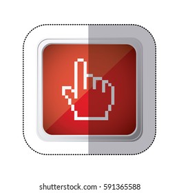 sticker red square button with silhouette pixelated hand pointing up vector illustration