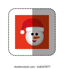 sticker red square frame with cartoon snowman christmas face vector illustration