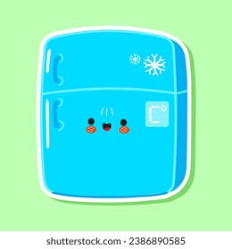 Sticker refrigerator character. Vector hand drawn cartoon kawaii character illustration icon. Isolated on green background. Fridge character concept