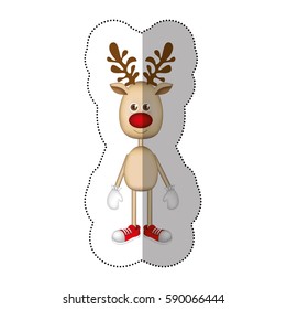 sticker reindeer standing with gloves and shoes vector illustration