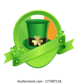 Sticker with ribbon and shamrocks on each side with the flag of Ireland in the middle and green hat on his background