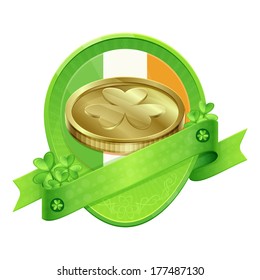 Sticker with ribbon and shamrocks on each side with the flag of Ireland in the center and golden coins on the background
