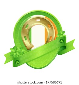Sticker with ribbon and shamrocks on each side with the flag of Ireland in the center and a horseshoe on his background