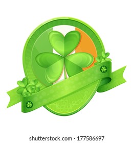 Sticker with ribbon and shamrocks on each side with the flag of Ireland in the center and a shamrock on his background