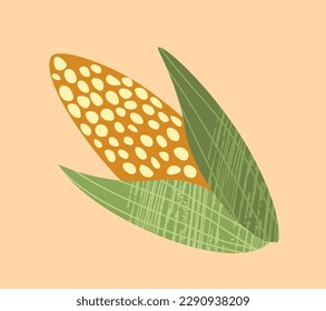 Sticker with ripe corn. Autumn October Vegetable Festival. Farm icon with tasty, healthy, yellow, organic plant. Seasonal fall harvest for cooking. Hand drawn cartoon flat vector illustration