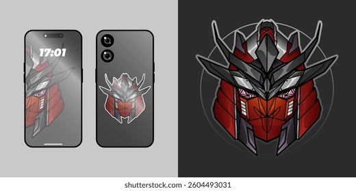 Sticker with robot head samurai mech