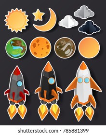 Sticker Rocket launch set design in black background Vector Illustration. Paper art carving.
