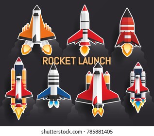 Sticker Rocket Launch Set Design In Black Background Vector Illustration. Paper Art Carving.
