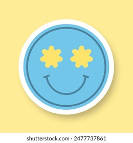 A sticker or a round icon with a cartoon smile on a yellow background. Trendy pop art design of the 80s. Vector illustration.