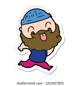 sticker of a running man with beard sticking out tongue