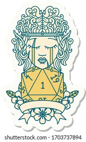 sticker of a sad elf barbarian character with natural one roll