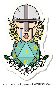 sticker of a sad elf fighter character with natural one d20 roll