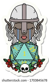 sticker of a sad elf fighter character with natural one d20 roll