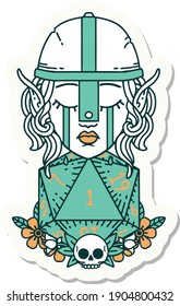 sticker of a sad elf fighter character with natural one d20 roll