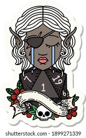 sticker of a sad elf rogue character face with natural one d20 roll