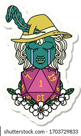 sticker of a sad half orc bard character with natural one d20 roll
