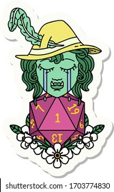sticker of a sad half orc bard character with natural one d20 roll