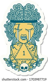 sticker of a sad orc barbarian character face with natural one d20 roll