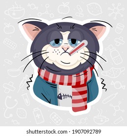 Aufkleber mit einer traurigen kranken Katze mit einem Thermometer im Mund. Hübscher Zeichentrickcharakter in Vektorgrafik.
