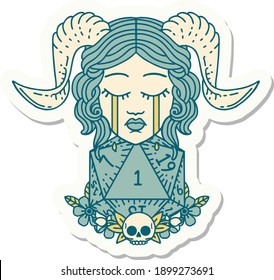 sticker of a sad tiefling with natural one d20 dice roll
