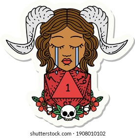 sticker of a sad tiefling with natural one d20 dice roll