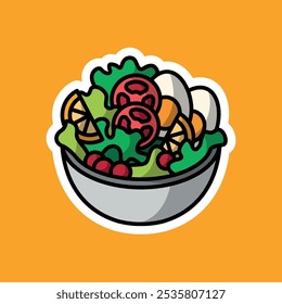 sticker of salad in bowl with cartoon style