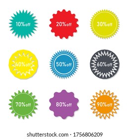 Sticker of sale and discount. Label for price. Banner for promotion of product. Coupon with symbol of percent discount for buy. Button for offer and advertising. Starburst icon for hot retail. Vector.