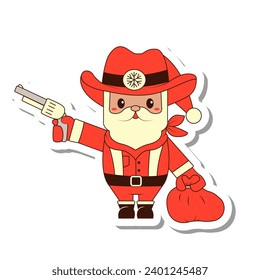 Sticker Santa Claus Cowboy vector illustration in Retro Groove style. Sheriff in the Wild West. New Year's and Christmas party 2024 in the style of western.