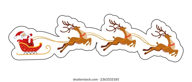 Sticker Santa Claus in a sleigh with reindeer Isolated vector illustration for Christmas card, print, poster.