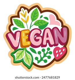 Sticker saying vegan with leaves and hearts, promotes plantbased living