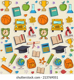 Sticker school pattern, with different elements:hat graduate,scroll, apple,books,flasks, basketball,alarm clock, briefcase, backpack, school bus,globe,ruler,mic roscope