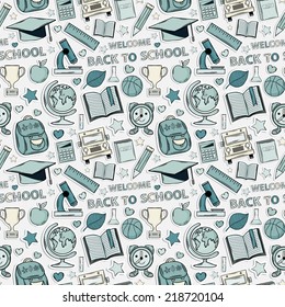 Sticker school pattern. Themed design with different elements:hat graduate,scroll, apple,books,flasks, basketball,alarm clock, briefcase, backpack, school bus,globe,ruler,microscope