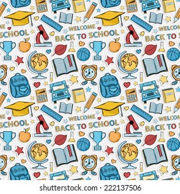 Sticker school pattern. Themed design with different elements:hat graduate,scroll, apple,books,flasks, basketball,alarm clock, briefcase, backpack, school bus,globe,ruler,microscope