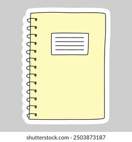 Etiqueta engomada con el cuaderno espiral de la escuela o el libro del ejercicio, Vector del estilo del doodle